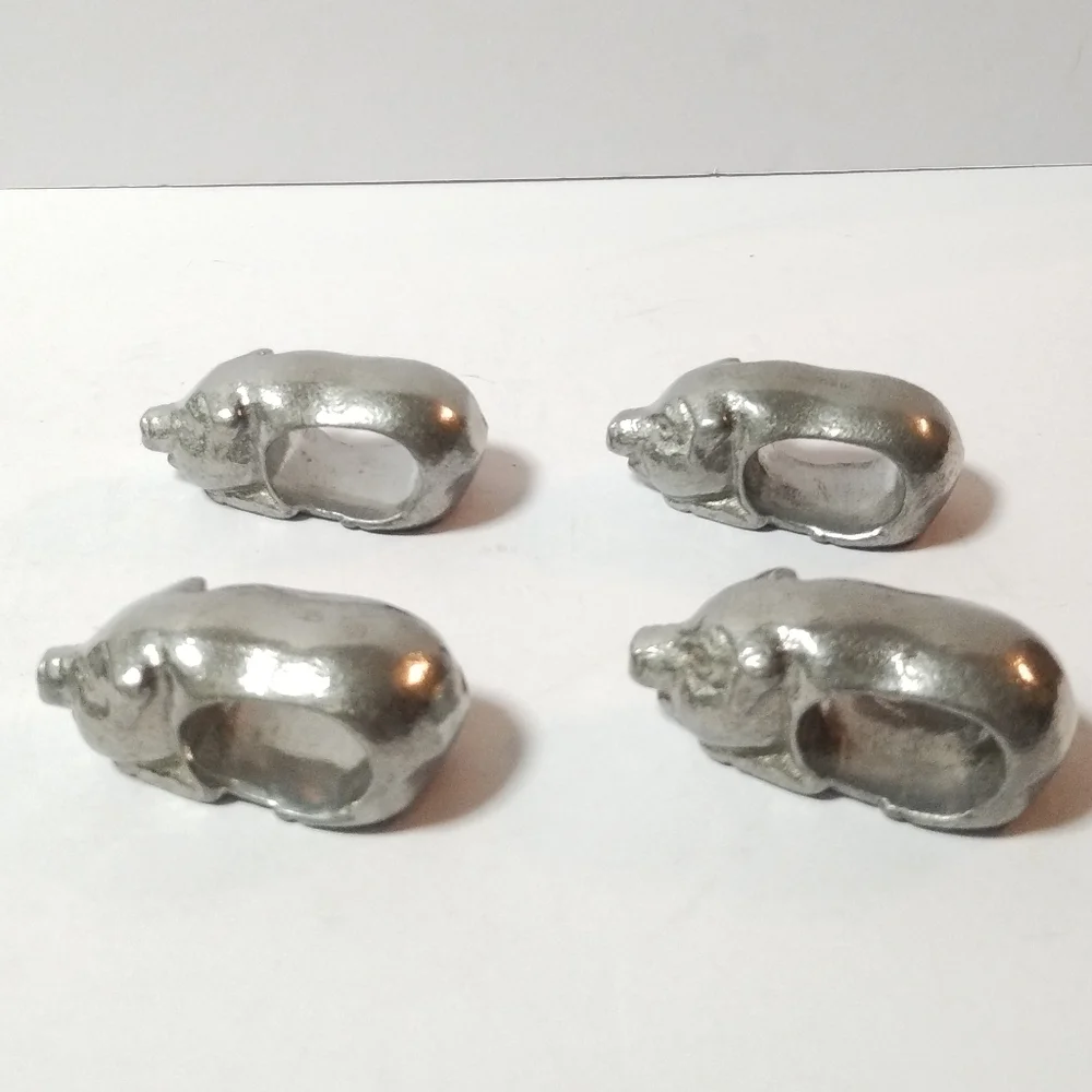 Lot of 4 Pig Pewter Napkin Ring Holders Set Vintage Pig Napkin Rings